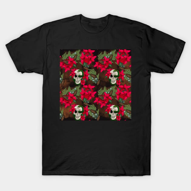 Gothic Pagan Holiday Skulls, Snakes, and Poinsettia Black and Orange T-Shirt by JamieWetzel